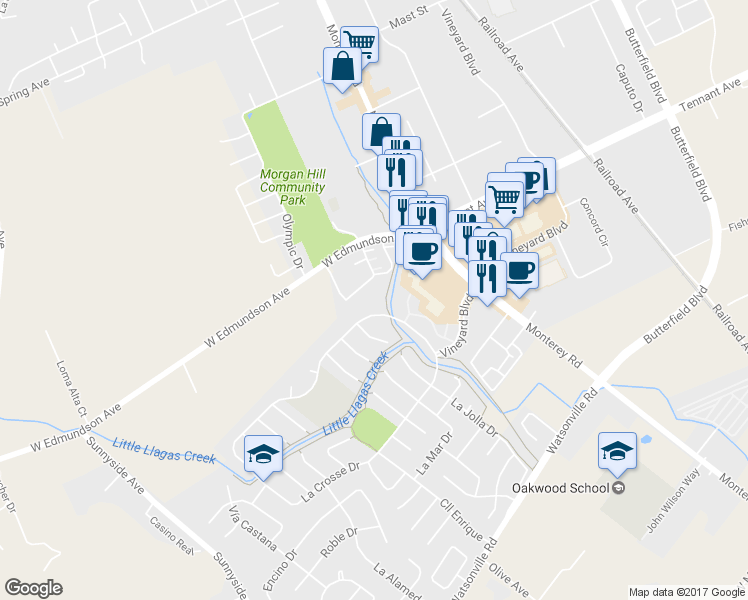 map of restaurants, bars, coffee shops, grocery stores, and more near 133 La Crosse Drive in Morgan Hill