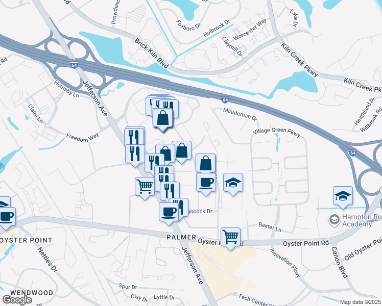 map of restaurants, bars, coffee shops, grocery stores, and more near Roger Brown Drive in Newport News