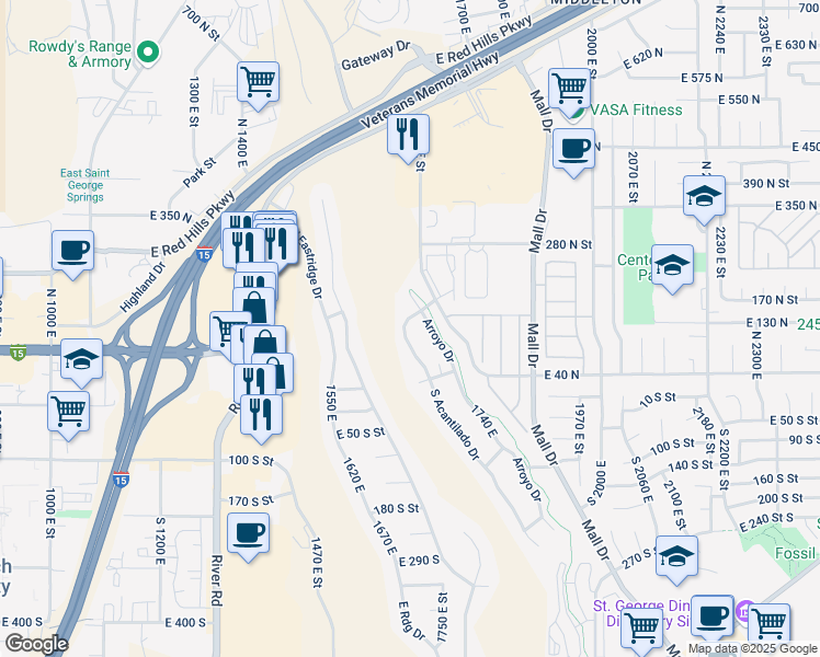 map of restaurants, bars, coffee shops, grocery stores, and more near 142 North Acantilado Drive in St. George