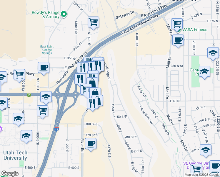 map of restaurants, bars, coffee shops, grocery stores, and more near 149 North Eastridge Drive in St. George
