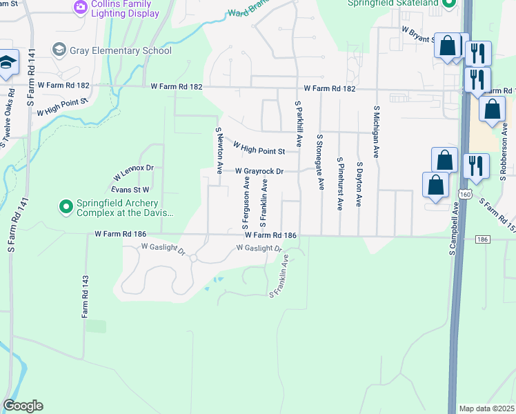 map of restaurants, bars, coffee shops, grocery stores, and more near 5727 South Franklin Avenue in Springfield