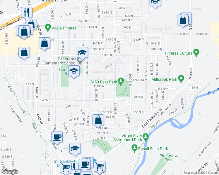 map of restaurants, bars, coffee shops, grocery stores, and more near 2406 East 130 North in St. George