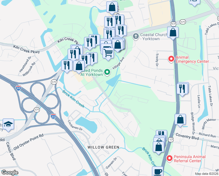 map of restaurants, bars, coffee shops, grocery stores, and more near 401 Commonwealth Drive in Yorktown