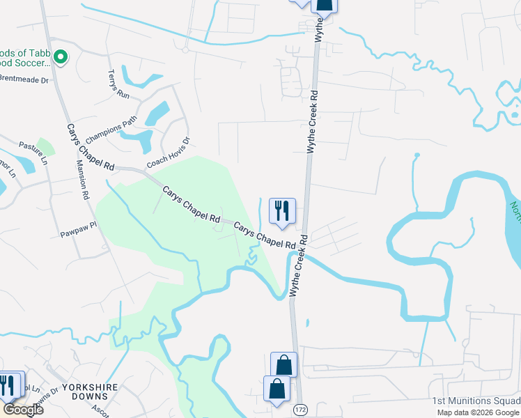 map of restaurants, bars, coffee shops, grocery stores, and more near 206 Carys Chapel Road in Yorktown