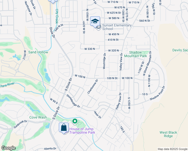 map of restaurants, bars, coffee shops, grocery stores, and more near 100 187 North Westridge Drive in St. George