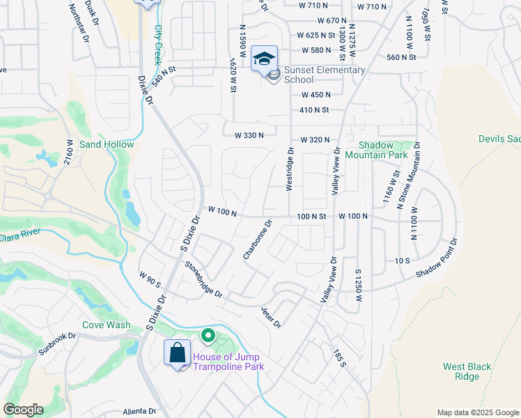 map of restaurants, bars, coffee shops, grocery stores, and more near 100 187 North Westridge Drive in St. George