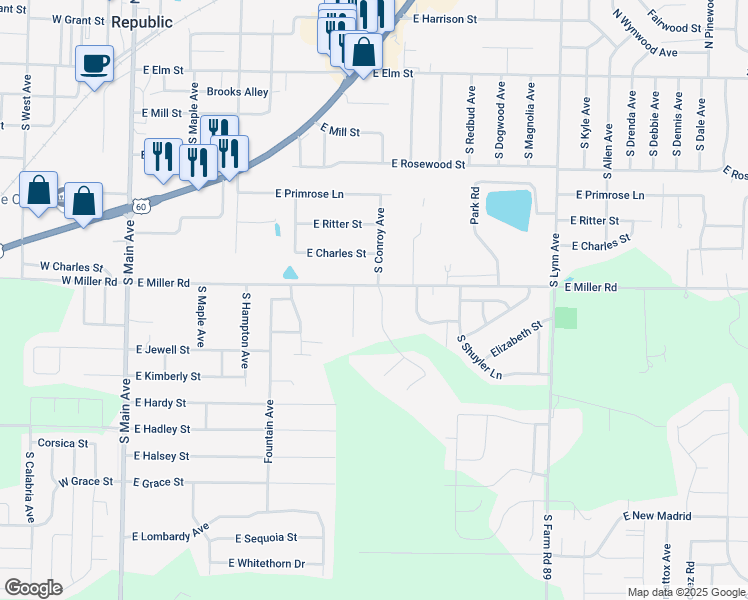 map of restaurants, bars, coffee shops, grocery stores, and more near 630 South Conroy Avenue in Republic