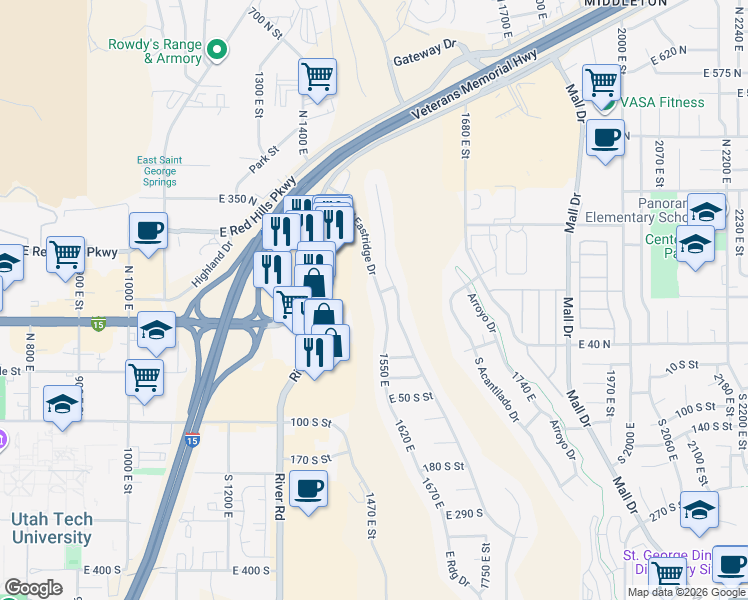 map of restaurants, bars, coffee shops, grocery stores, and more near 149 North Eastridge Drive in St. George