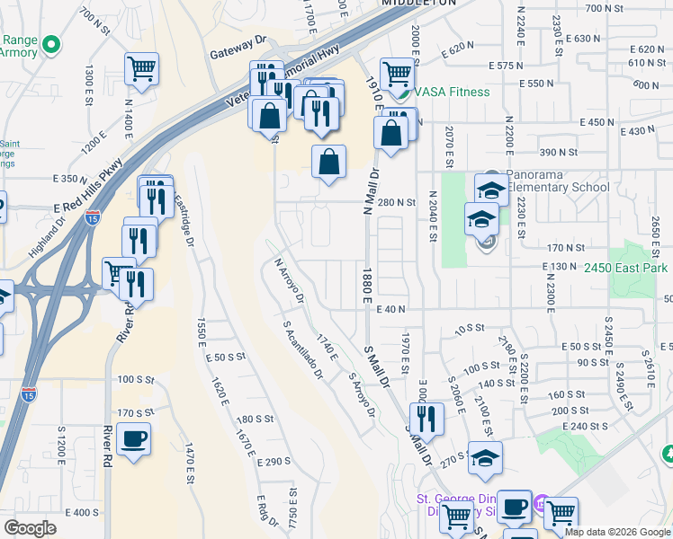 map of restaurants, bars, coffee shops, grocery stores, and more near 145 North Mall Drive in St. George