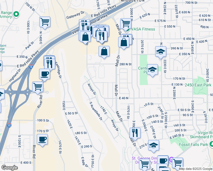 map of restaurants, bars, coffee shops, grocery stores, and more near 145 North Mall Drive in St. George