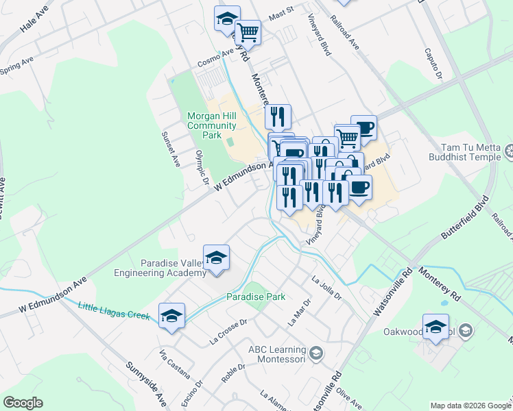 map of restaurants, bars, coffee shops, grocery stores, and more near 99 La Crosse Drive in Morgan Hill
