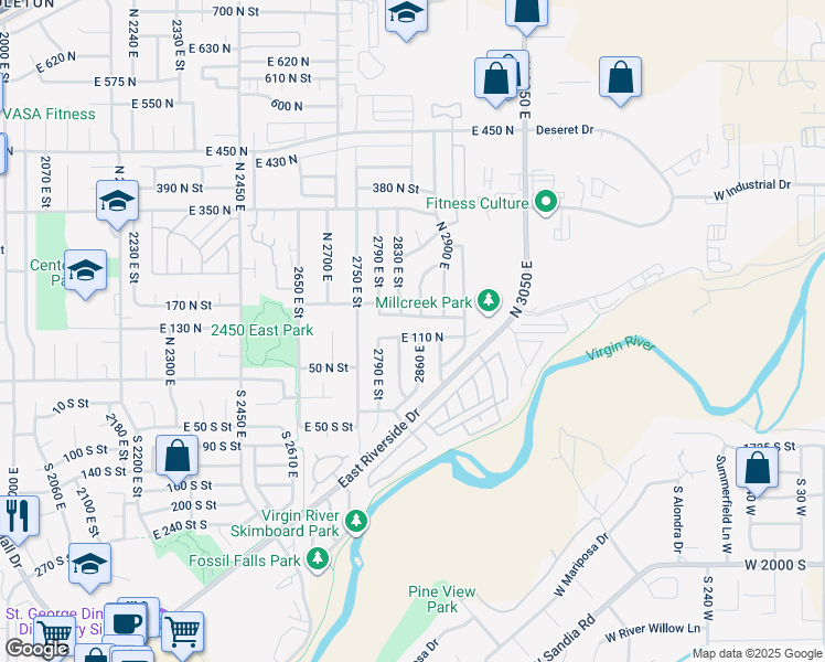 map of restaurants, bars, coffee shops, grocery stores, and more near 2843 East 110 North in St. George