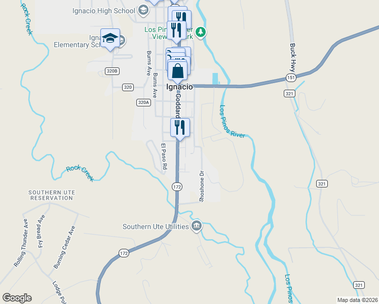 map of restaurants, bars, coffee shops, grocery stores, and more near 970-1/2 Goddard Avenue in Ignacio