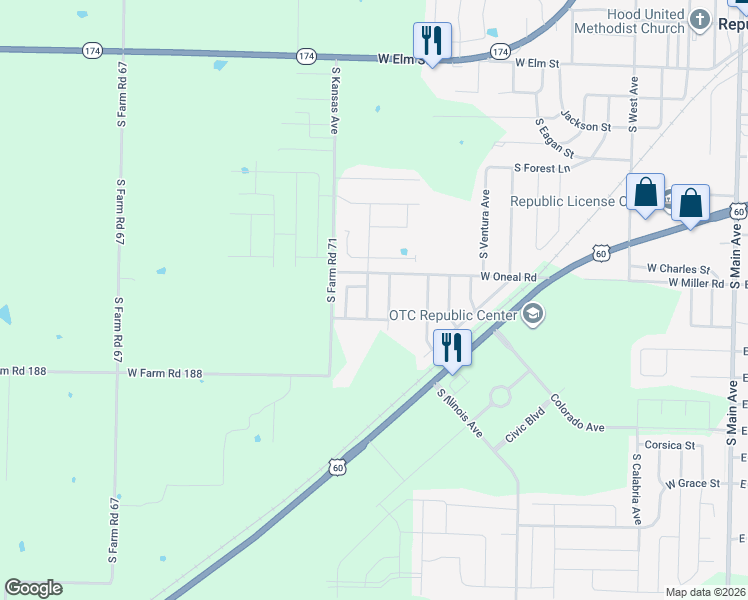 map of restaurants, bars, coffee shops, grocery stores, and more near 644 South Ashton Avenue in Republic
