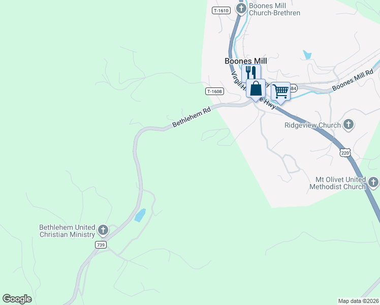 map of restaurants, bars, coffee shops, grocery stores, and more near 6774 Bethlehem Road in Boones Mill