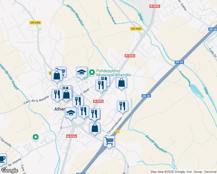 map of restaurants, bars, coffee shops, grocery stores, and more near Carretera Bailén-Motril in Alhendín