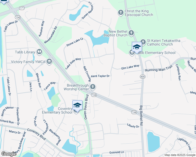 map of restaurants, bars, coffee shops, grocery stores, and more near 106 Kent Taylor Drive in Yorktown