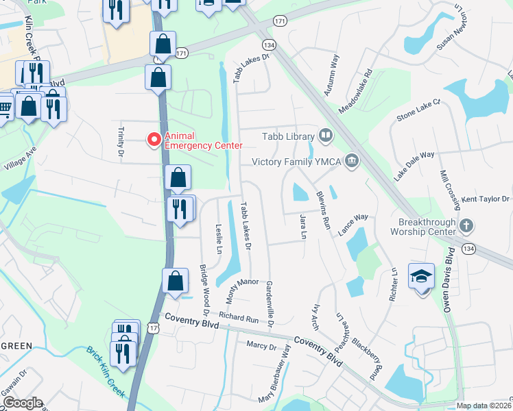map of restaurants, bars, coffee shops, grocery stores, and more near 126 Gardenville Drive in Yorktown