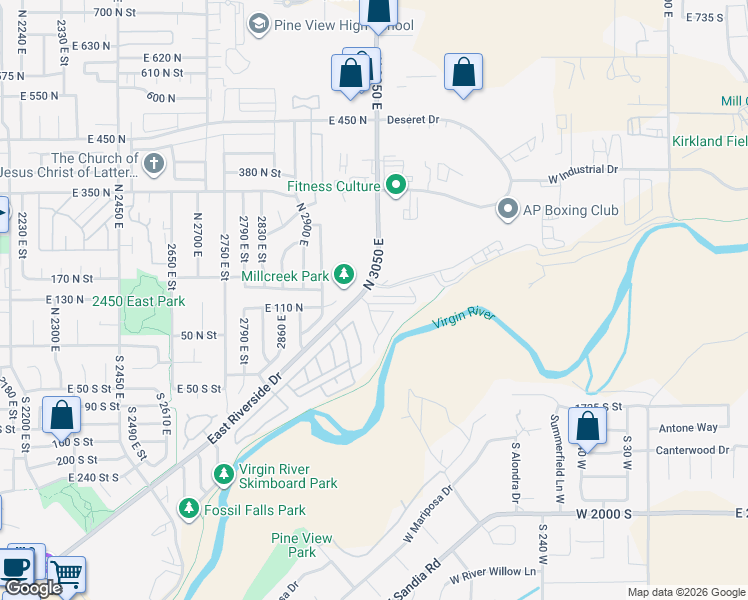 map of restaurants, bars, coffee shops, grocery stores, and more near 150 North 3050 East in St. George