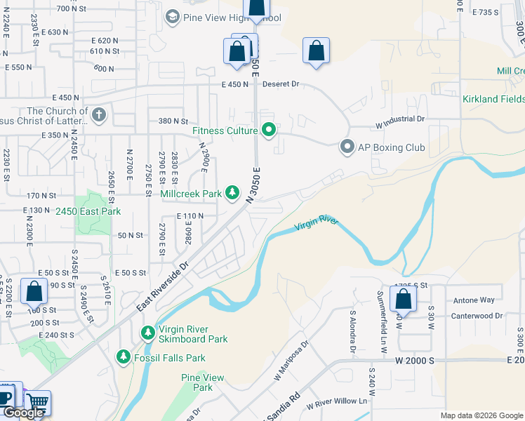 map of restaurants, bars, coffee shops, grocery stores, and more near 150 North 3050 East in St. George