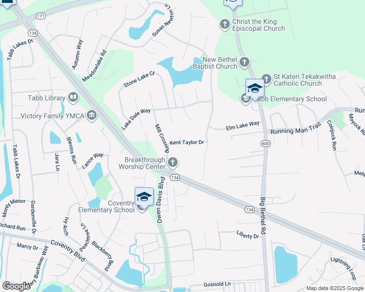 map of restaurants, bars, coffee shops, grocery stores, and more near 106 Kent Taylor Drive in Yorktown