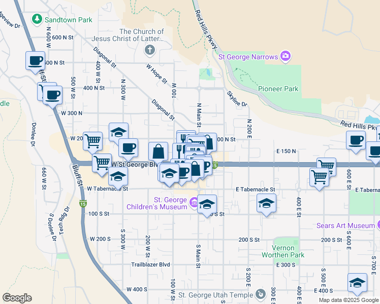 map of restaurants, bars, coffee shops, grocery stores, and more near 60 Utah 34 in St. George