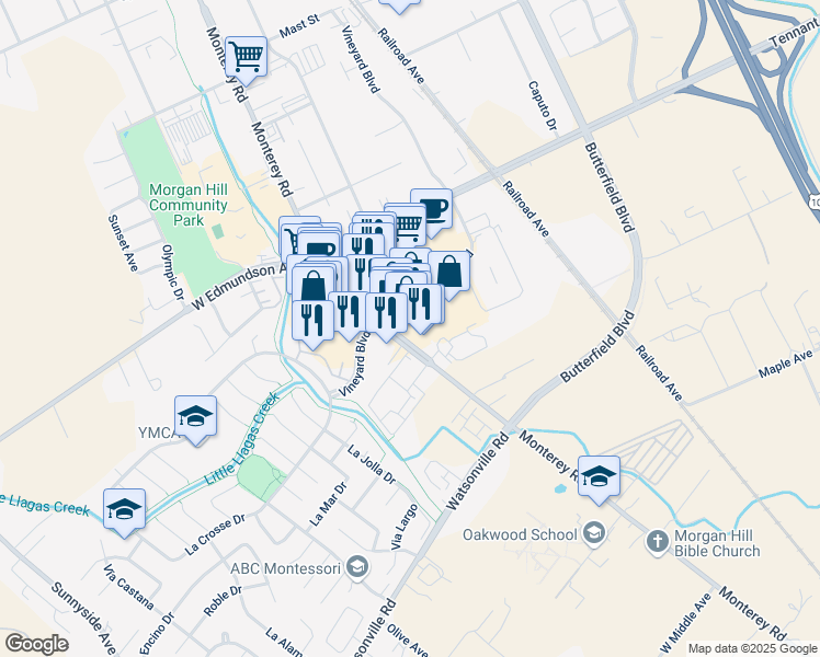 map of restaurants, bars, coffee shops, grocery stores, and more near 15745 Monterey Road in Morgan Hill