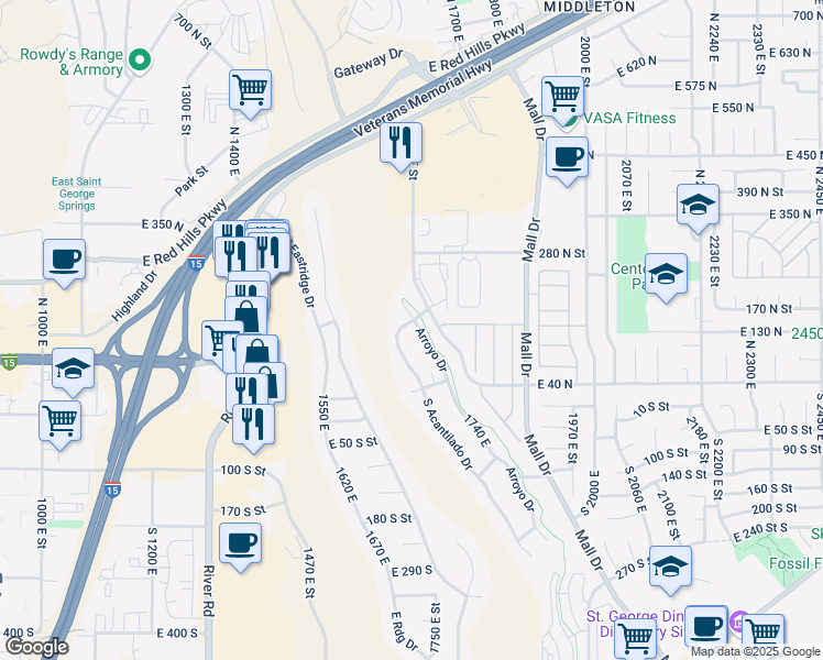 map of restaurants, bars, coffee shops, grocery stores, and more near 195 North Arroyo Drive in St. George