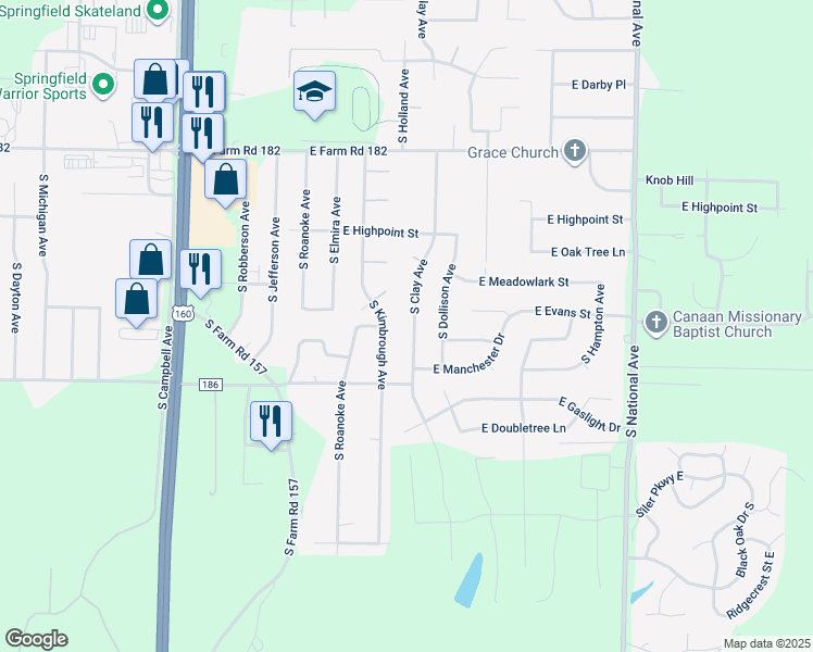 map of restaurants, bars, coffee shops, grocery stores, and more near 5725 South Clay Avenue in Springfield