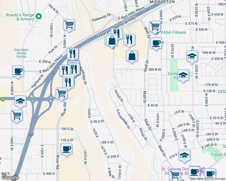 map of restaurants, bars, coffee shops, grocery stores, and more near 195 North Arroyo Drive in St. George