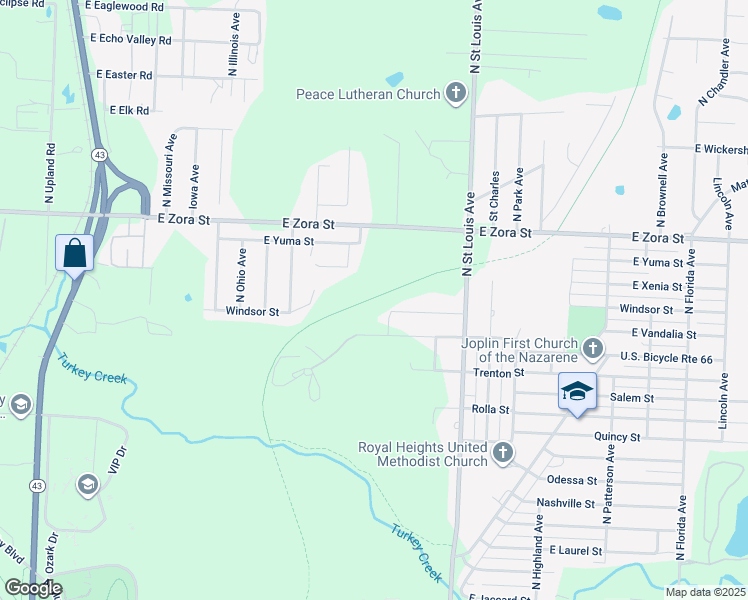 map of restaurants, bars, coffee shops, grocery stores, and more near 2501 North Michigan Avenue in Joplin