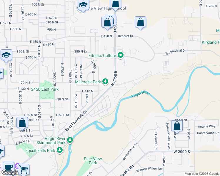 map of restaurants, bars, coffee shops, grocery stores, and more near 101 East Riverside Drive in St. George