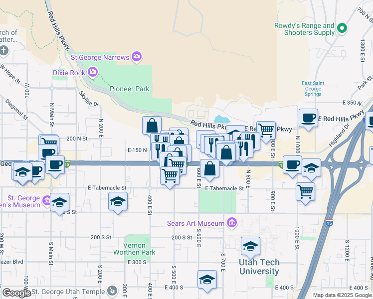map of restaurants, bars, coffee shops, grocery stores, and more near 215 N 600 E in St George