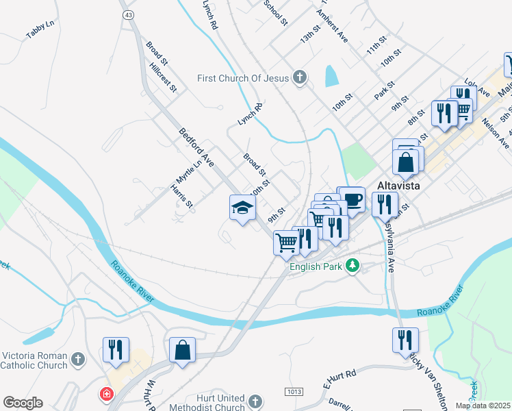map of restaurants, bars, coffee shops, grocery stores, and more near 909 Bedford Avenue in Altavista