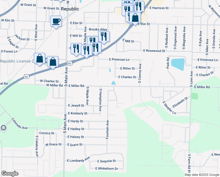 map of restaurants, bars, coffee shops, grocery stores, and more near 407 E Miller Rd in Republic