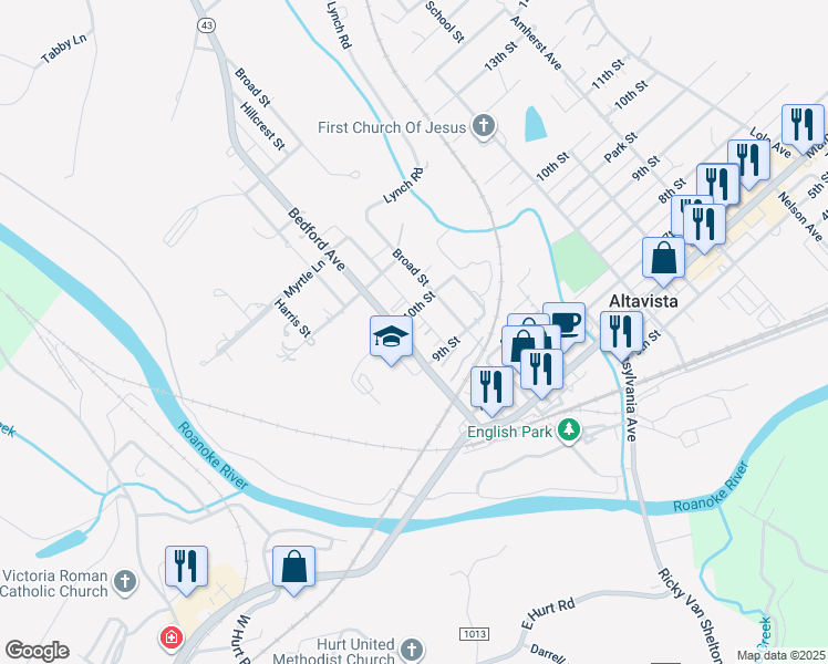 map of restaurants, bars, coffee shops, grocery stores, and more near 909 Bedford Avenue in Altavista
