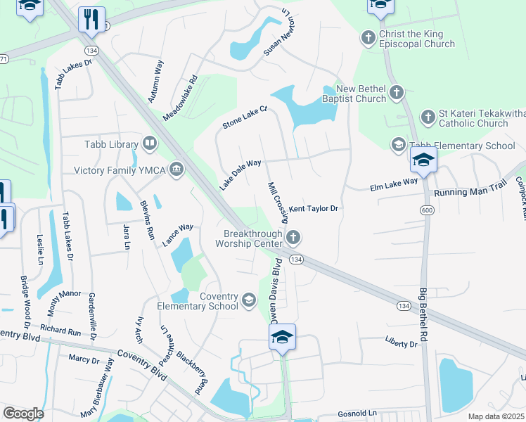 map of restaurants, bars, coffee shops, grocery stores, and more near 112 Scuttle Lane in Yorktown