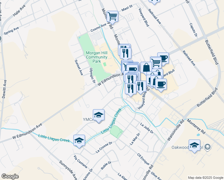 map of restaurants, bars, coffee shops, grocery stores, and more near Piazza Way in Morgan Hill