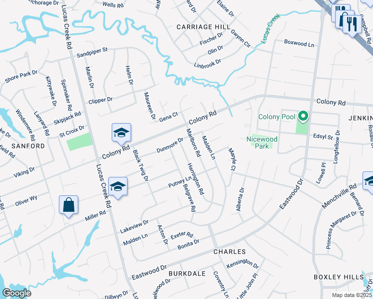 map of restaurants, bars, coffee shops, grocery stores, and more near 146 Harrington Road in Newport News