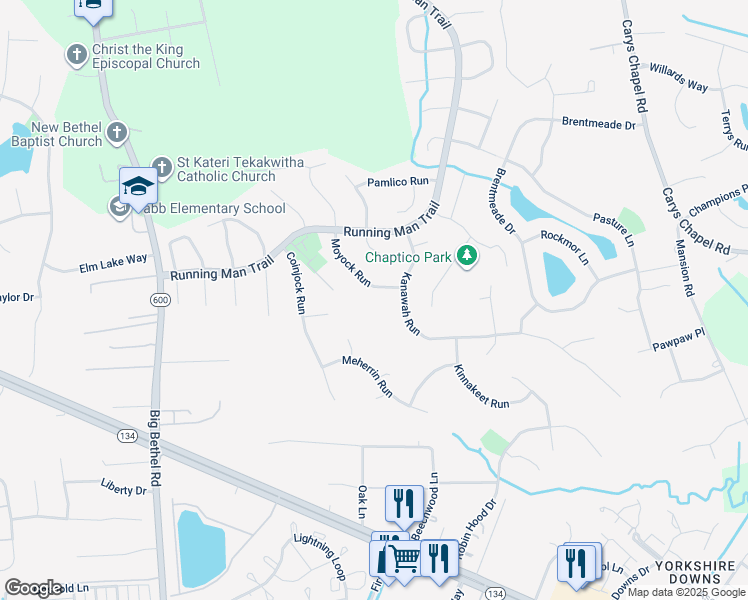 map of restaurants, bars, coffee shops, grocery stores, and more near 116 Moyock Run in Yorktown