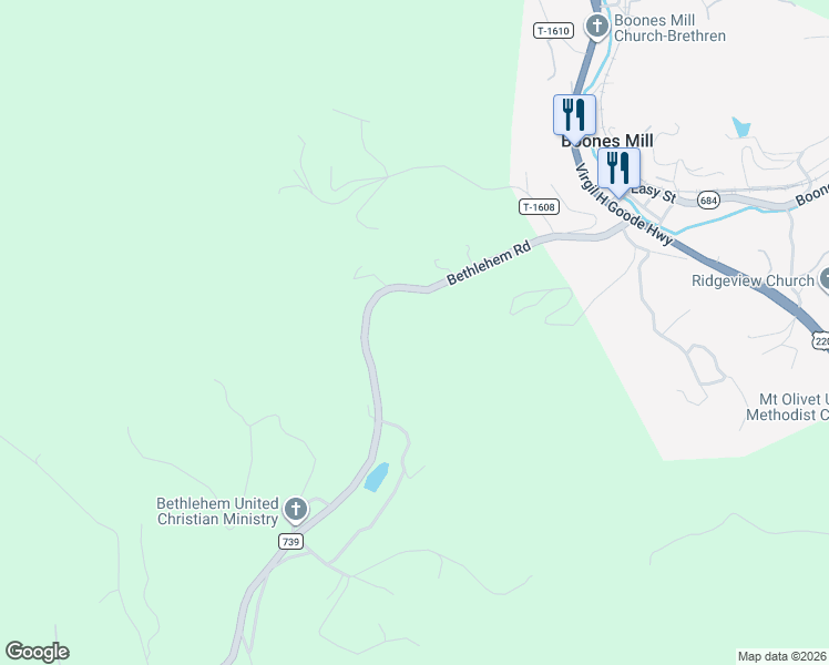 map of restaurants, bars, coffee shops, grocery stores, and more near 6774 Bethlehem Road in Boones Mill