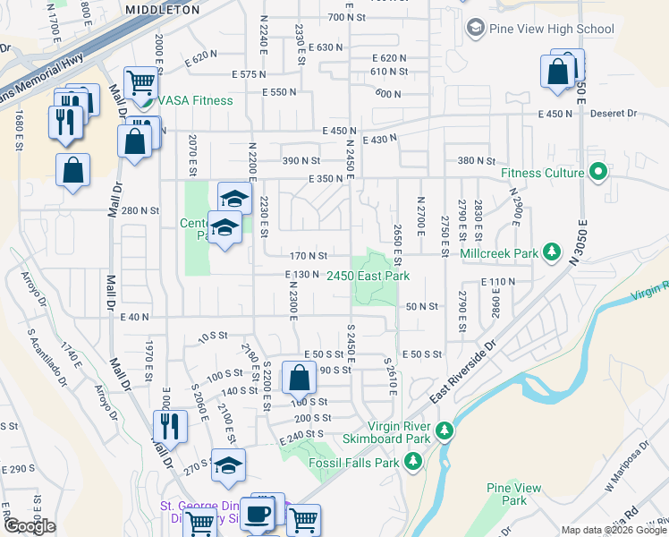 map of restaurants, bars, coffee shops, grocery stores, and more near 2409 East 130 North in St. George