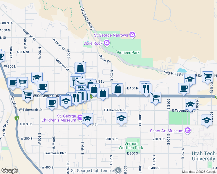 map of restaurants, bars, coffee shops, grocery stores, and more near in St. George