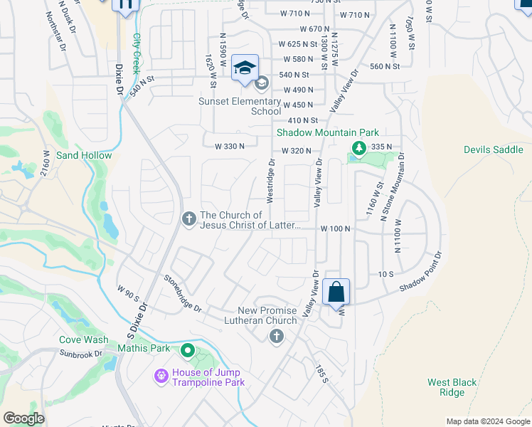 map of restaurants, bars, coffee shops, grocery stores, and more near 100 Westridge Drive in St. George