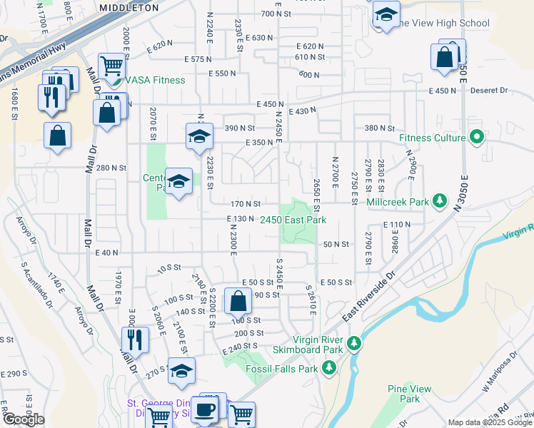 map of restaurants, bars, coffee shops, grocery stores, and more near 2409 East 130 North in St. George