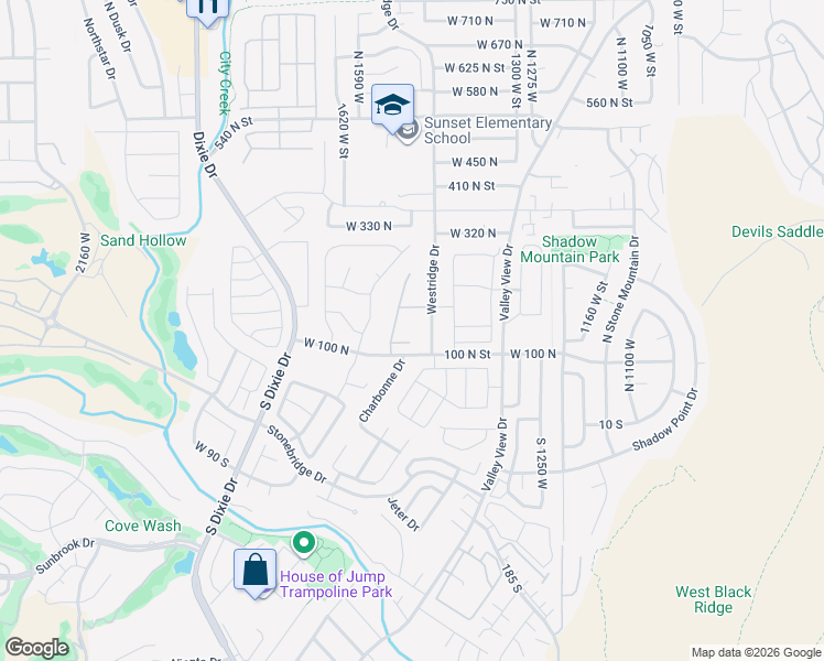 map of restaurants, bars, coffee shops, grocery stores, and more near 129 187 North Westridge Drive in St. George