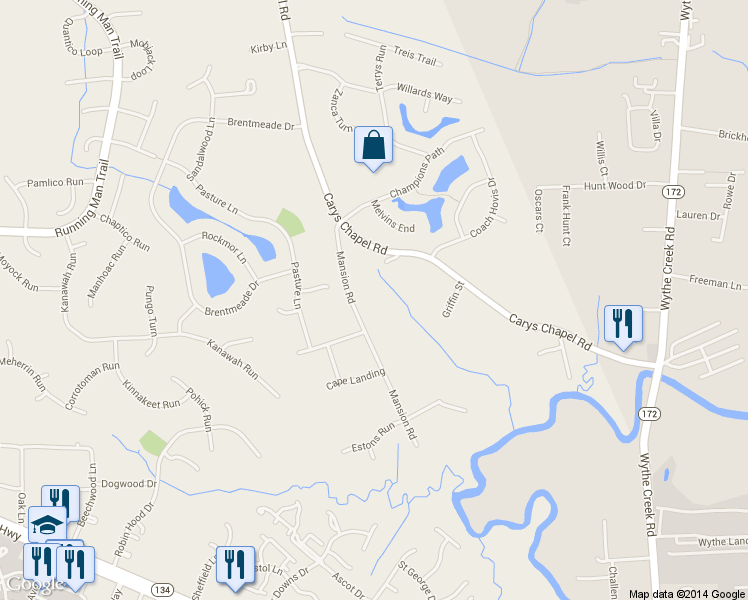 map of restaurants, bars, coffee shops, grocery stores, and more near 299 Mansion Rd in Yorktown
