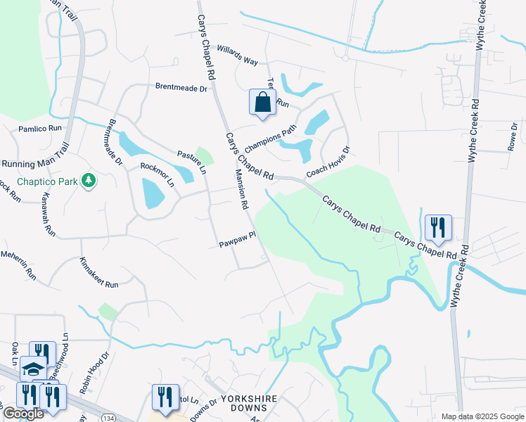 map of restaurants, bars, coffee shops, grocery stores, and more near 299 Mansion Rd in Yorktown