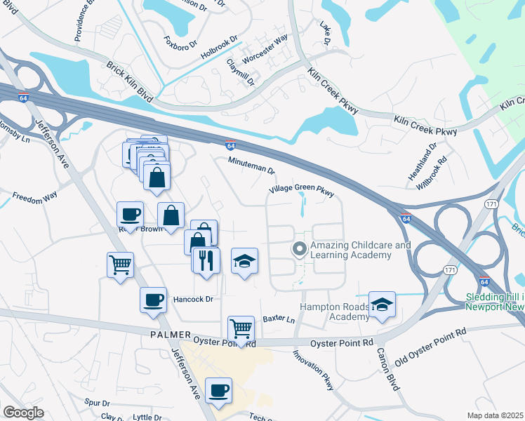 map of restaurants, bars, coffee shops, grocery stores, and more near 598 Crown Point Drive in Newport News