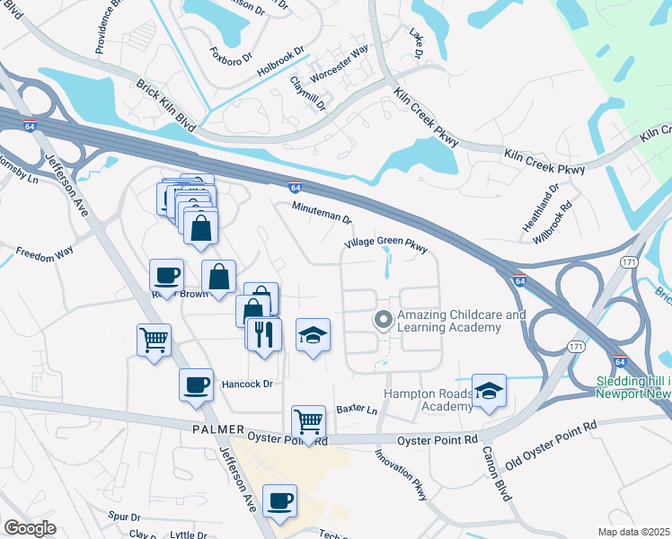 map of restaurants, bars, coffee shops, grocery stores, and more near 598 Crown Point Drive in Newport News